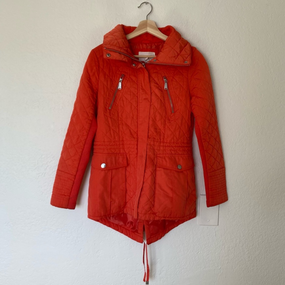 BCBGeneration Orange Coral Quilted Puffer Anorak Jacket, Size S